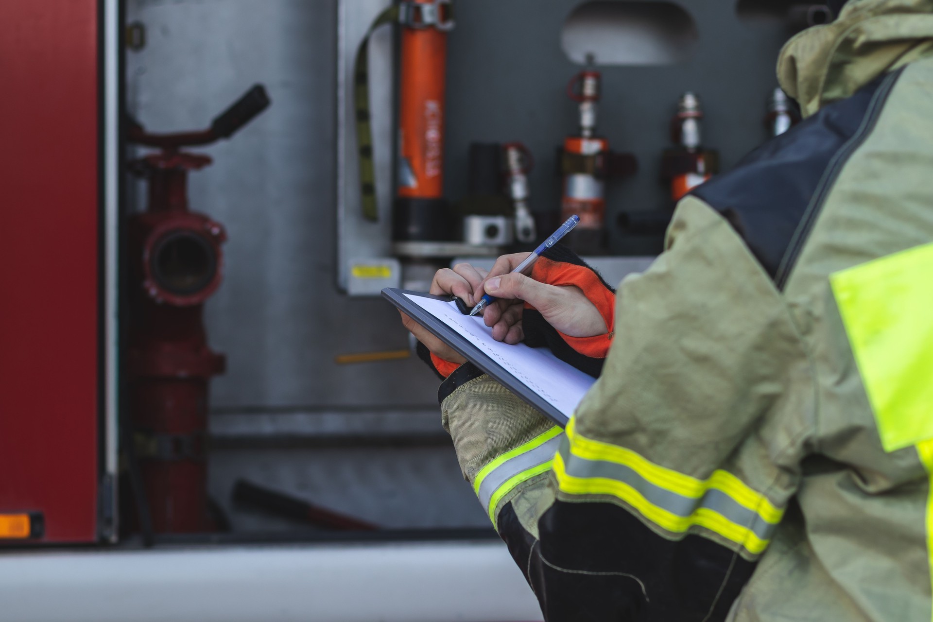 Checking fire equipment in a fire truck